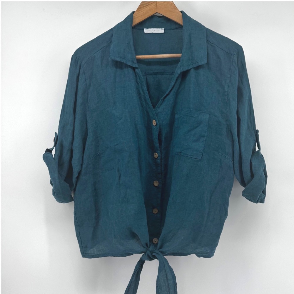 Made in Italy Womens XL 100% Linen Button Down Tie Front Roll Tab Sleeve Teal